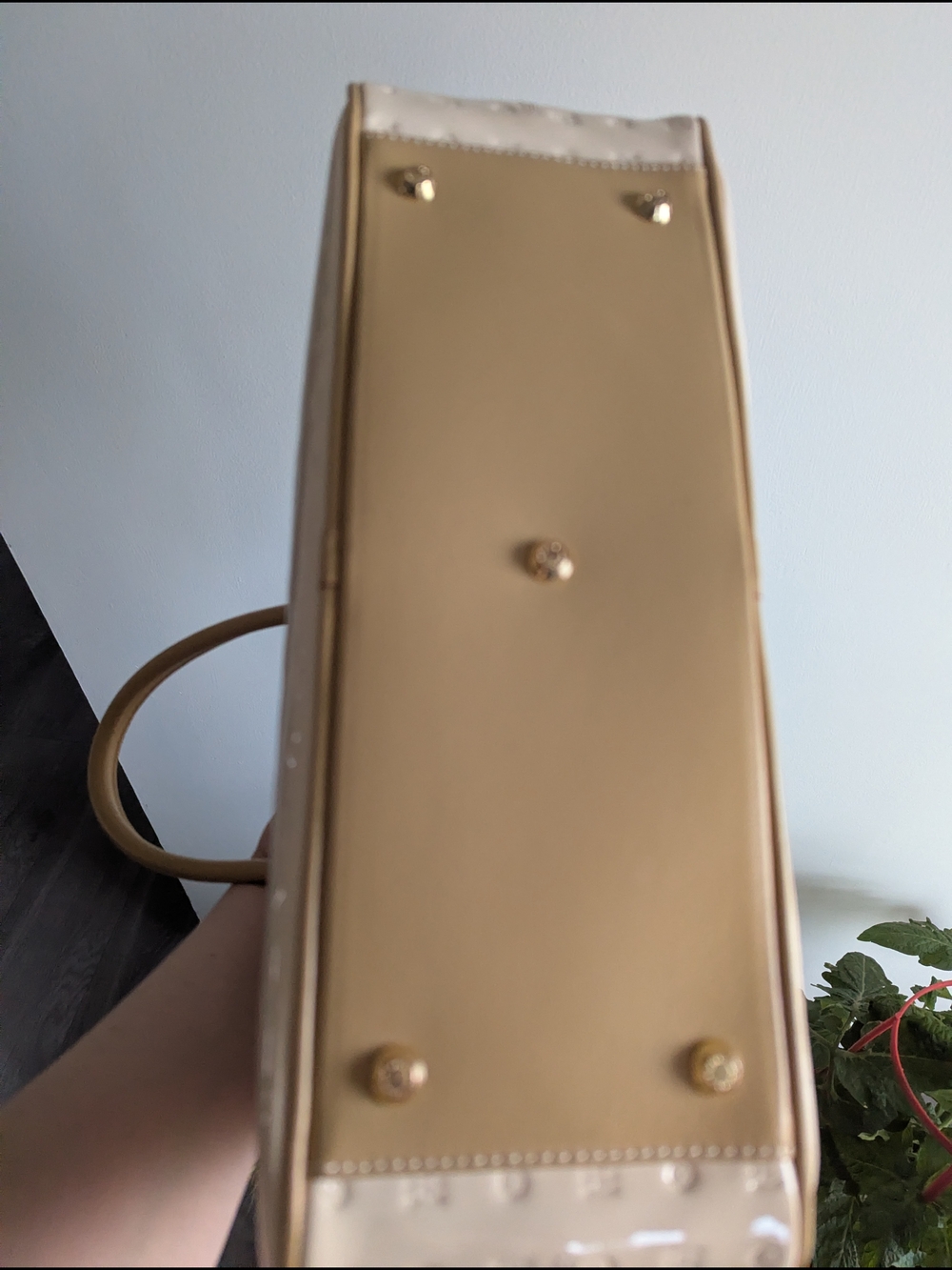 Arcadia Classic Patent Leather Satchel Crossbody with Gold Hardware and Tan Trim - Picture 3 of 9